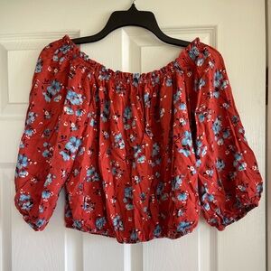 Forever 21 Red Off-Shoulder Floral Blouse with Blue Flowers